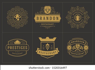 Restaurant logos templates set vector illustration good for menu labels and cafe badges. Vintage typography decoration design elements and symbols.