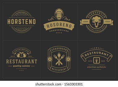 Restaurant logos templates set vector illustration good for menu labels and cafe badges. Vintage typography decoration design elements and symbols.