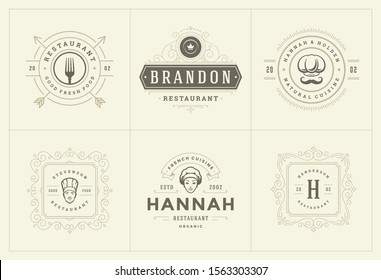 Las plantillas de logotipos de restaurante establecen la ilustración vectorial buena para las etiquetas de menú y las insignias de café. Diseño de elementos y símbolos de decoración de tipografía vintage.