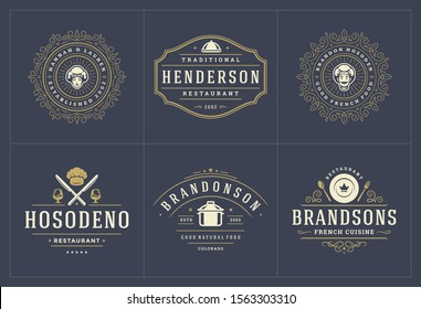 Restaurant logos templates set vector illustration good for menu labels and cafe badges. Vintage typography decoration design elements and symbols.