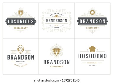 Restaurant logos templates set vector illustration good for menu labels and cafe badges. Vintage typography decoration design elements and symbols.