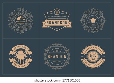 Restaurant logos templates set vector illustration good for menu labels and cafe badges. Vintage typography decoration design elements and symbols.