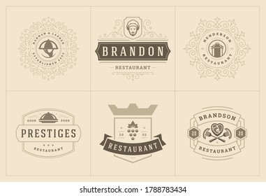 Restaurant logos templates set vector illustration good for menu labels and cafe badges. Vintage typography decoration design elements and symbols.