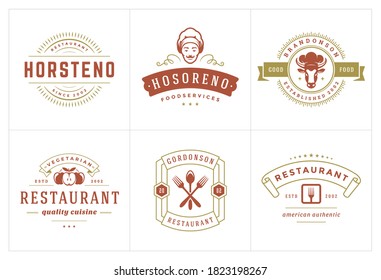 Las plantillas de logotipos de restaurante establecen la ilustración vectorial adecuada para etiquetas de menú y placas de café. La tipografía vintage decora elementos y símbolos.
