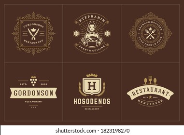 Restaurant logos templates set vector illustration good for menu labels and cafe badges. Vintage typography decoration design elements and symbols.