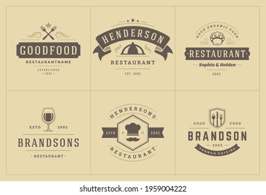 Restaurant logos templates set vector illustration good for menu labels and cafe badges. Vintage typography decoration design elements and symbols.