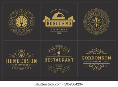 Restaurant logos templates set vector illustration good for menu labels and cafe badges. Vintage typography decoration design elements and symbols.