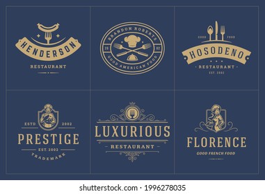 Restaurant logos templates set vector illustration good for menu labels and cafe badges. Vintage typography decoration design elements and symbols.