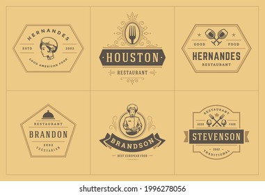 Restaurant logos templates set vector illustration good for menu labels and cafe badges. Vintage typography decoration design elements and symbols.