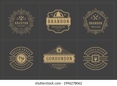Restaurant logos templates set vector illustration good for menu labels and cafe badges. Vintage typography decoration design elements and symbols.