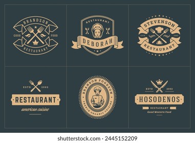 Las Plantillas de logotipos de restaurantes establecen una buena Ilustración vectorial para las etiquetas de menú y las insignias de café. Elementos de diseño y símbolos de decoración de tipografía de Antiguas.