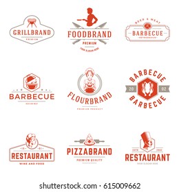 Restaurant logos templates vector objects set. Logotypes or badges Design. Trendy retro style illustration, Chef Woman, Barbecue, Pizza silhouettes.