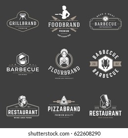 Restaurant logos templates vector objects set. Logotypes or badges Design. Trendy retro style illustration, Chef Woman, Barbecue, Pizza silhouettes.