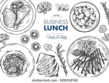 Restaurant lunch menu template. Linear graphic. Vector illustration