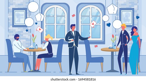 Restaurante Lujoso Interior con Parejas de Amantes y Personajes de Caricatura de Agua. Cita con la cena o la celebración del Día de San Valentín, fecha común de aniversario de las parejas. Ilustración de vectores planos.