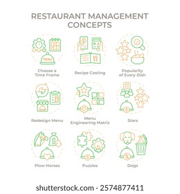 Restaurant management duo tone concept icons. Strategy of catering service development. Food service. Duotone icon pack. Vector images. Round shape illustrations for presentation. Abstract idea