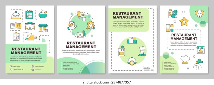 Restaurant management green circle brochure template. Catering service and kitchen. Leaflet design with linear icons. Editable 4 vector layouts