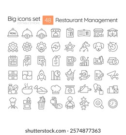 Restaurant management linear icons set. Catering business development strategy. Food serving for customers. Customizable thin line symbols. Isolated vector outline illustrations. Editable stroke