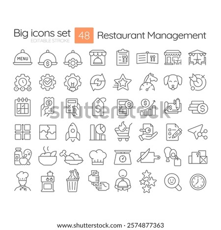 Restaurant management linear icons set. Catering business development strategy. Food serving for customers. Customizable thin line symbols. Isolated vector outline illustrations. Editable stroke