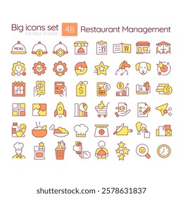 Restaurant management RGB color icons set. Catering business development strategy. Food serving for customers. Isolated vector illustrations. Simple filled line drawings collection. Editable stroke