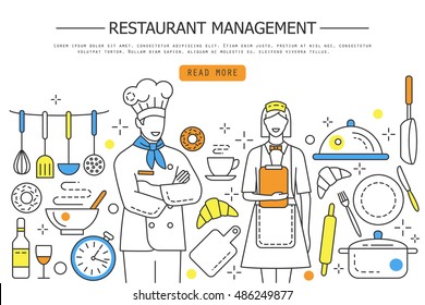 Restaurant management,  web banner, background, header,  thin line style vector illustration. With linear style chef, waiter, served meal