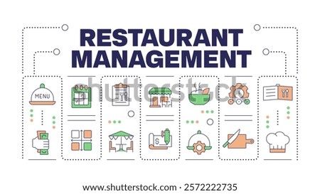 Restaurant management word concept isolated on white. Business strategy of food establishment promotion. Creative illustration banner surrounded by editable line colorful icons