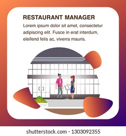 Restaurant Manager Lady Standing in Lobby near Desk with Menu make Assistance in Booking. Young Confident Businessman with Beard in Trousers and Shirt Check Table Reservation. Square Flat Banner.