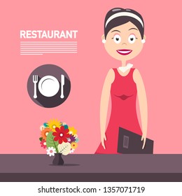 Restaurant Manager woth Flowers on Pink Background Vector Design. Beautiful Woman in Red Dress with Plate, Knife and Fork Symbol. svg