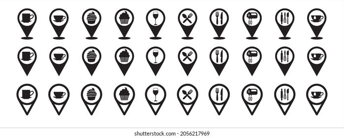 Restaurant map pin icon set. Cafe and bakery location pin map marker icons set. Wine and food restaurant place mark.