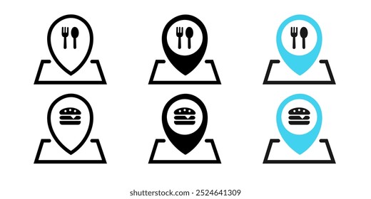 Restaurante mapa pins ícone conjunto. Alfinetes de localização no restaurante. Colher e garfo e hambúrguer no sinal de pino do mapa. Símbolo de localização de restaurante GPS para aplicativos e sites, ilustração vetorial