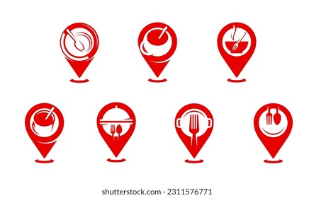 Iconos del mapa del restaurante, barra de comida, café o símbolos vectores de cocina de los pines de la ubicación. Iconos del puntero del mapa con cuchara y plato, taza de té o café con tenedor para parrilla o restaurante de barbacoa