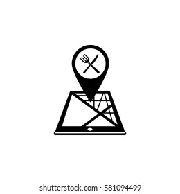 Restaurant map pointer solid icon, mobile gps navigation and location, pin on tablet vector graphics, a filled pattern on a white background, eps 10.