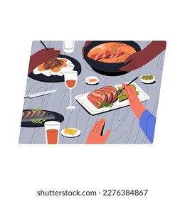 Restaurant meal. Hands at dinner table, taking food, snacks, dishes. People friends eating out on holiday with wine, wineglasses, served tasty meat, fish, soup on plates. Flat vector illustration