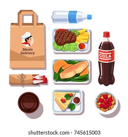 Restaurant meals delivery containers with food: meat, fish, cheese cake, oatmeal cereals, bottles with water, cola, coffee cup, paper package bag, disposable cutlery. Flat vector isolated illustration