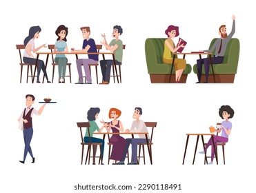 Restaurant meeting. Love couples friends party in restaurant or coffee relax person seating exact vector cartoon concept characters