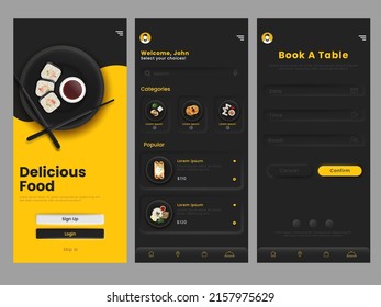 Restaurant Menu App UI Kit Including Login, Category And Booking Table Template In Black And Chrome Yellow Color.