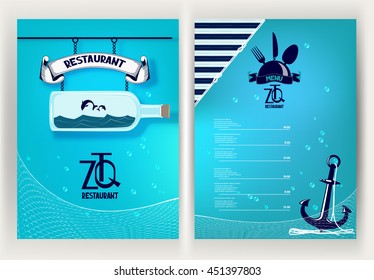 Restaurant menu background with  marine design elements. seafood restaurant. Vector illustration.