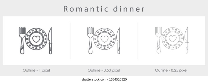 
Restaurant menu banner. Bottle of wine, cloche, tray with lid, two glasses and plates. Vase with flowers on the table. Flat thin line style. Romantic dinner concept. Bon appetit
