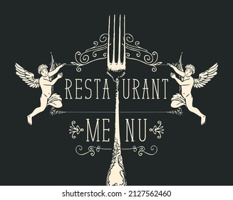 Restaurant menu with beautiful vintage fork, two angels and curlicues on a black background. Black and white vector illustration in retro style. Drawing chalk on the blackboard