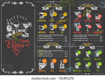 Restaurant menu beverage drink poster chalkboard calligraphic lettering old retro vintage style vector illustration.