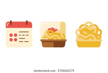 Restaurant menu board icons, order ticket, noodle cup, spaghetti nest, calendar special, food fair signage, kitchen festival marketing vector