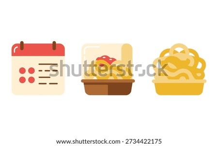 Restaurant menu board icons, order ticket, noodle cup, spaghetti nest, calendar special, food fair signage, kitchen festival marketing vector