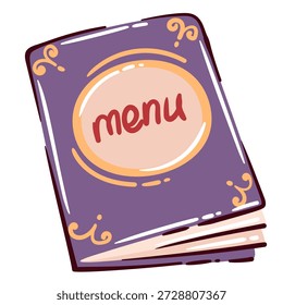 Restaurant menu book with decorative cover and lettering, food menu object with pages and classic layout, dining concept illustration. Cartoon doodle style, outline vector illustration.
