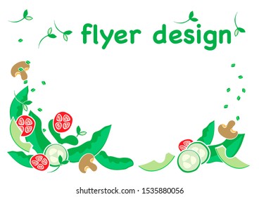 restaurant menu, brochure, flyer design templates in A4 size with lettuce leafs, cucumbers and tomatoes. Vector illustrations for food and drink marketing material