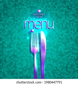 Restaurant menu card cover mockup, shiny fork and knife, mosaic backdrop