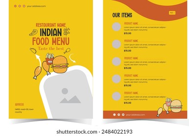 Diseño de tarjeta de menú de restaurante para comida rápida con fondo abstracto de cartel publicitario adecuado para pizza, hamburguesa y cualquier tipo de negocio de restaurante