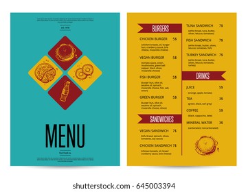 Restaurant menu card design template. Vintage food layout, junk food brochure with linear sketches. Delicious meal vector illustration with hand drawn pizza, hot dog, chicken pencil doodles