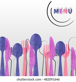 Restaurant menu card design. Vector brochure template with watercolor cutlery - spoon, fork and knife. 
