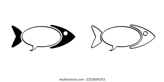 carta del restaurante. Patrón de línea de pescado. Señal plana vectorial de mar, océano o animal acuático. símbolo de pesca.  Comida para gatos. Día mundial del agua. Burbuja del discurso para decir mensaje. Burbujas que hablan nubes