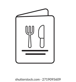 Icono de la línea de la tarjeta del menú del restaurante con el tenedor y el cuchillo – símbolo del esquema del servicio de la comida